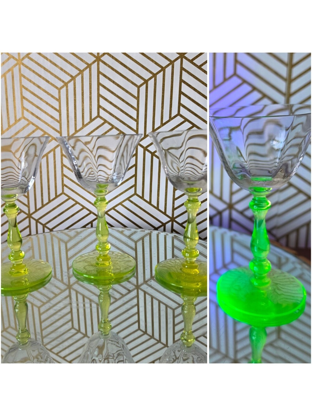 Vintage Tiffin 15001 5" Champagne Sherbert Glasses Clear Optic Green Vaseline -3